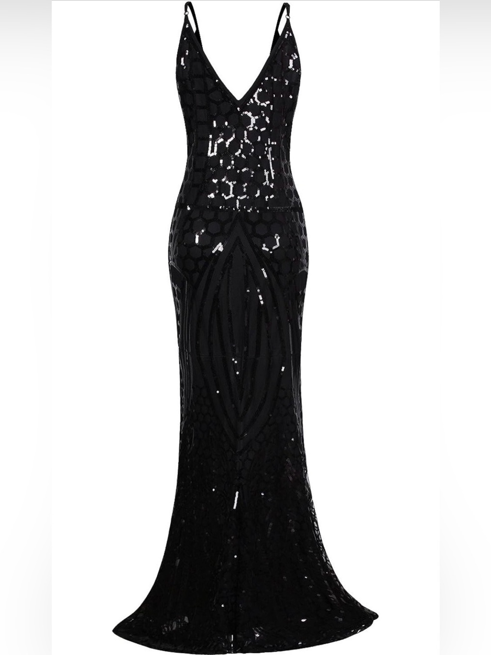 Black Sequin V-Neck Maxi Dress with Slim Silhouette